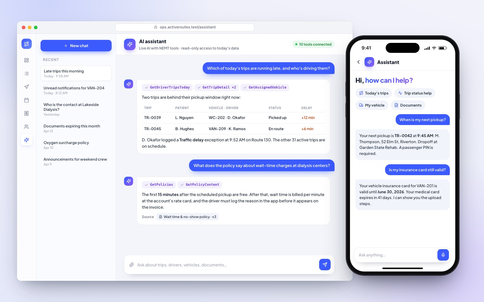 Web AI assistant listing late trips and the tools it called, beside the driver's assistant answering about the next pickup.