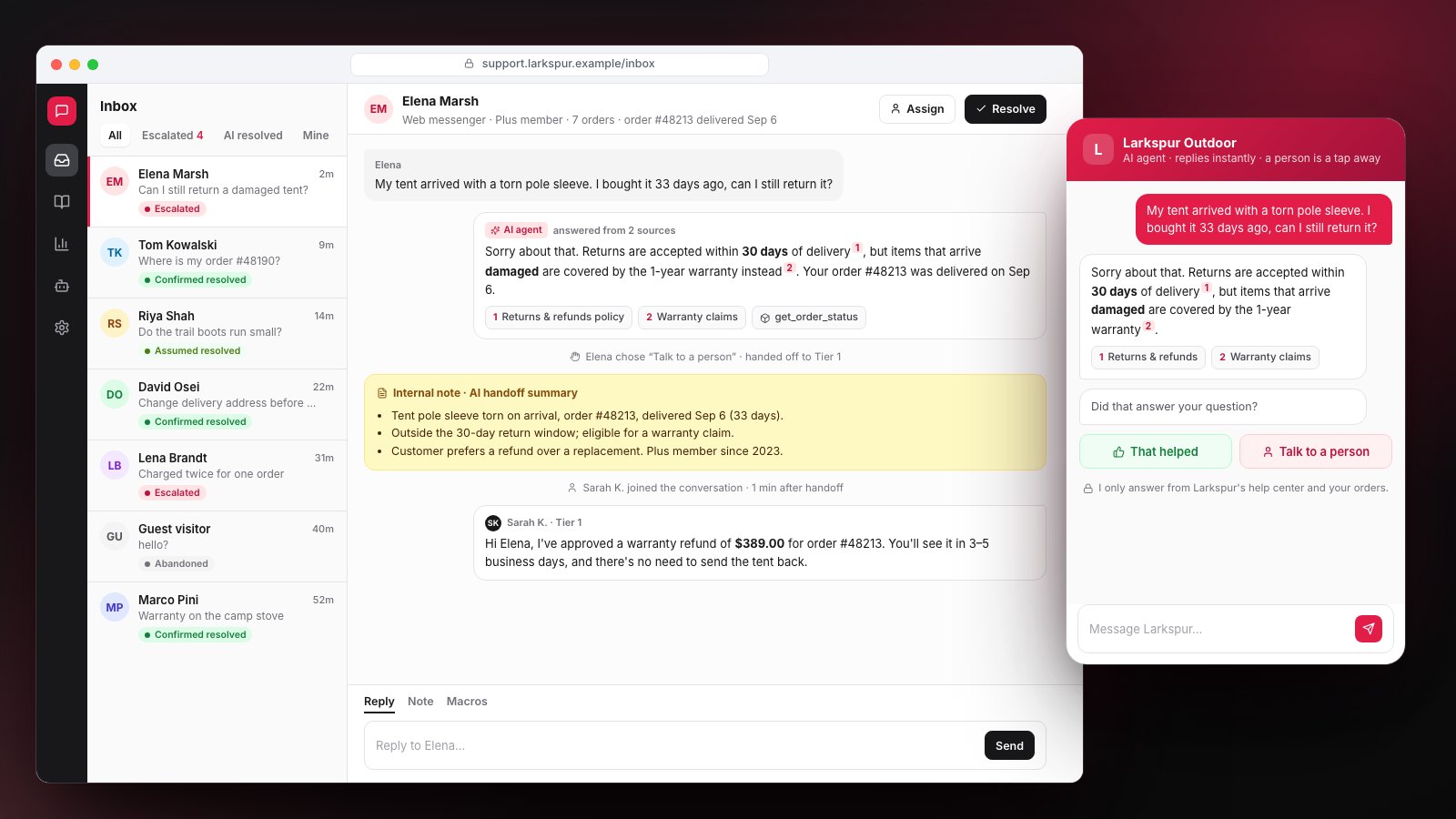 Support inbox where the AI answered with cited articles and handed off with a case summary, beside the customer chat widget.
