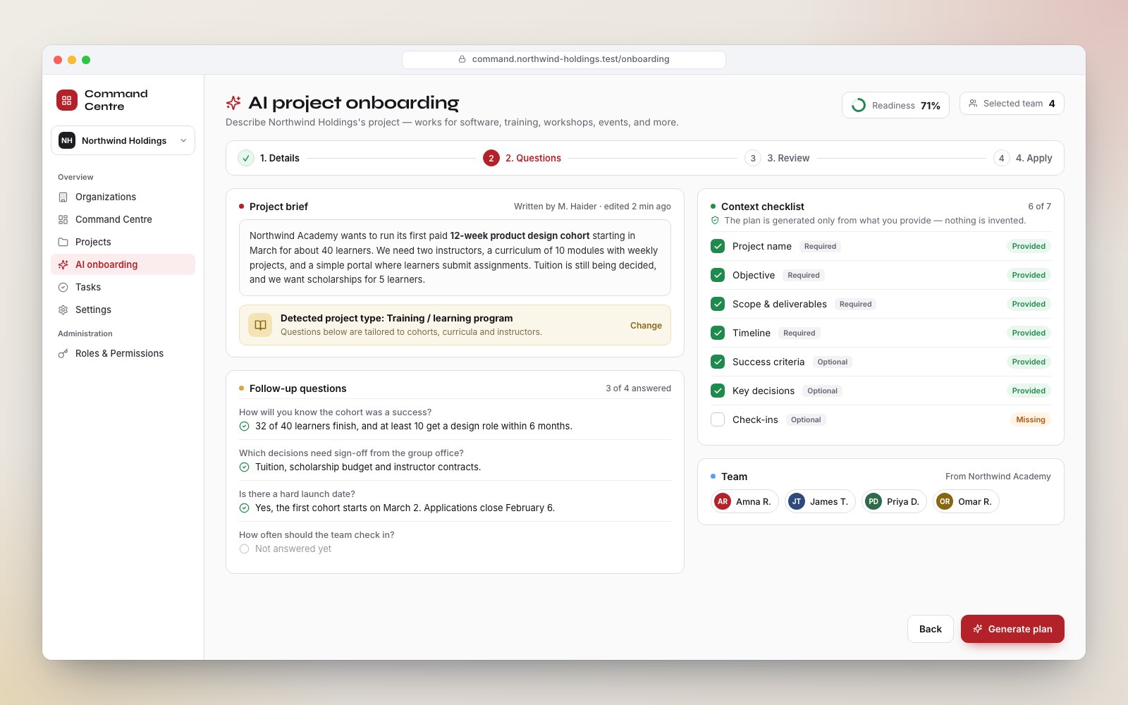 AI project onboarding: a written brief, the detected project type, follow-up questions and a checklist of details provided.