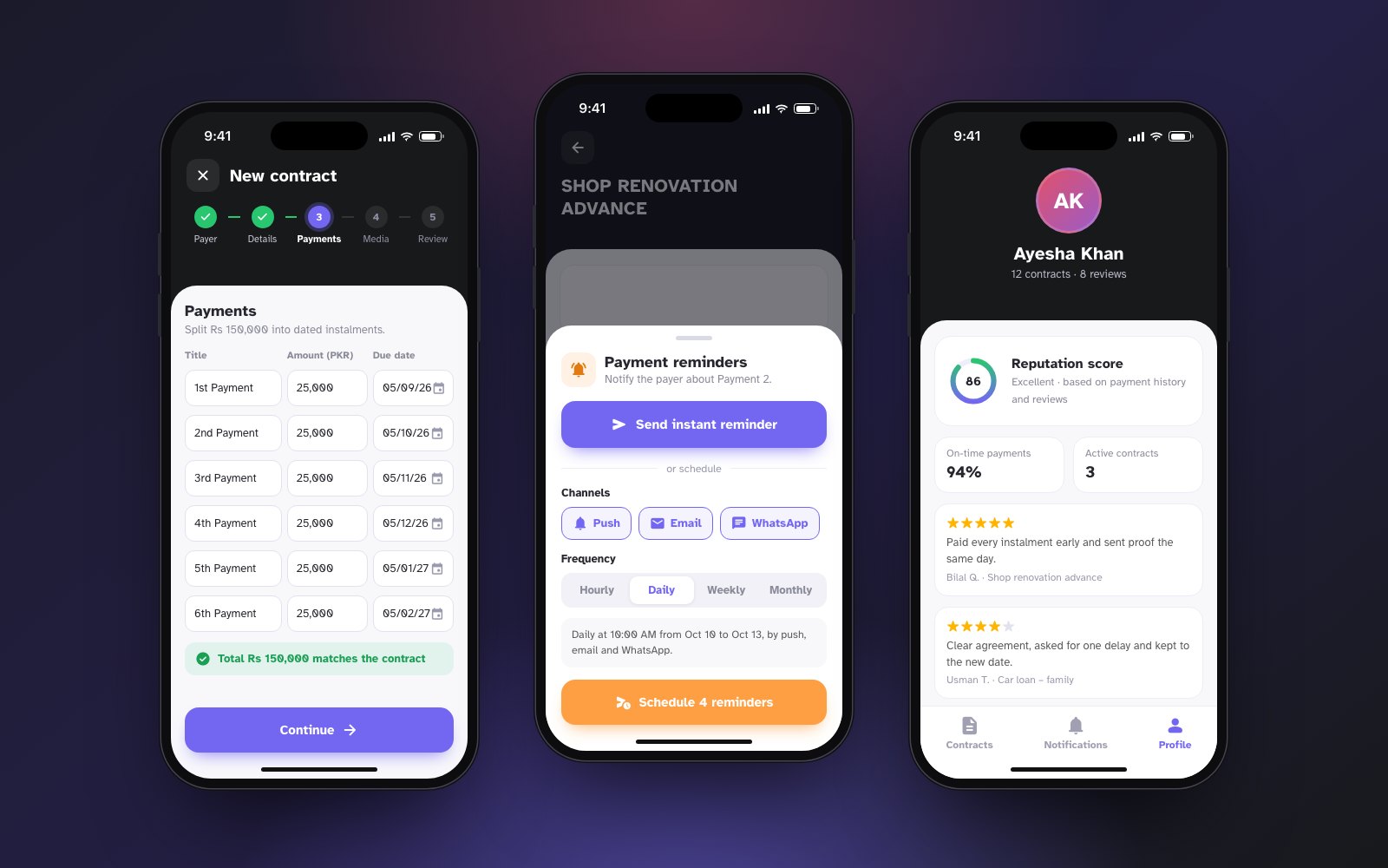 Three app screens: adding dated installments, scheduling push, email and WhatsApp reminders, and a reputation profile.