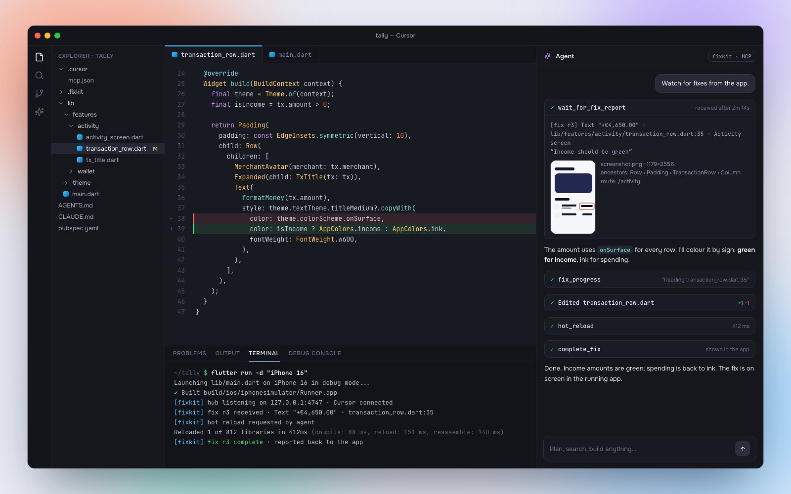 Editor agent chat getting a fix report over MCP with widget, file, line and screenshot, then editing and hot reloading.
